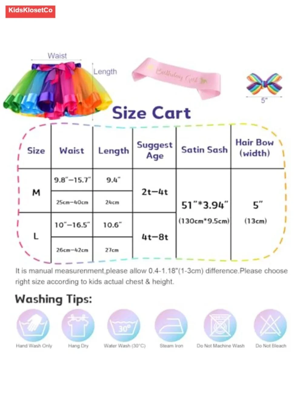 Girls Rainbow Tutu Skirt Set with Hair Bows and Sash Costume